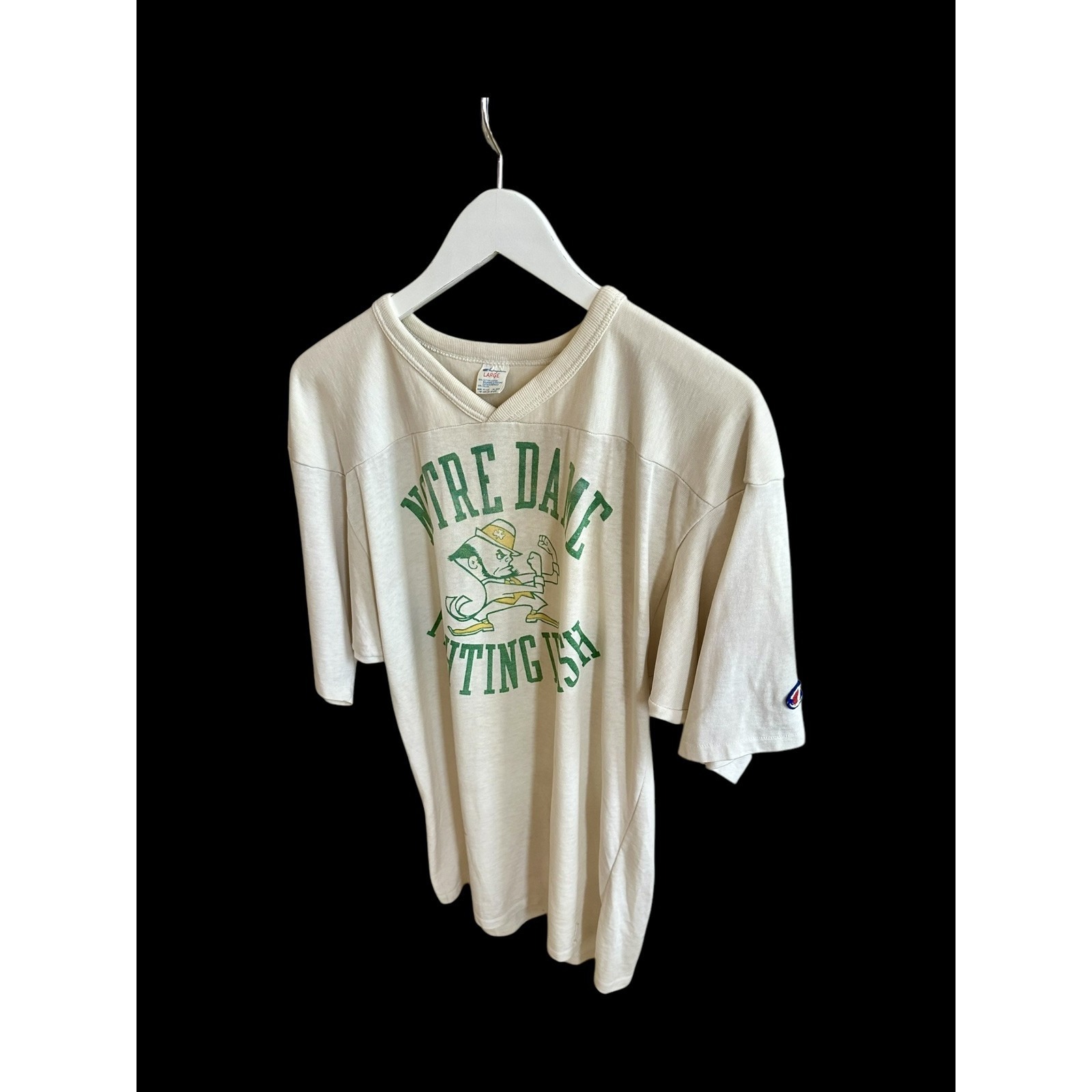 Vintage 70s Champion Notre Dame T-Shirt Sz Large Made In Usa V Neck Cream